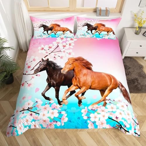 Loussiesd Kids Horse Bedding Set Chic Cherry Blossom Bedding Duvet Cover Set For Girls Teens Galloping Horse Printed Comforter Cover 3D Wild Animal Bedspread Cover BedQuilt Cover 2Pcs Single Size