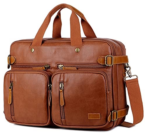 Men Vegan Leather Briefcase Backpack Hybrid 17 Inch Laptop Bag Case Business Messenger bag HB-22, Brown, L, Briefcase Backpack