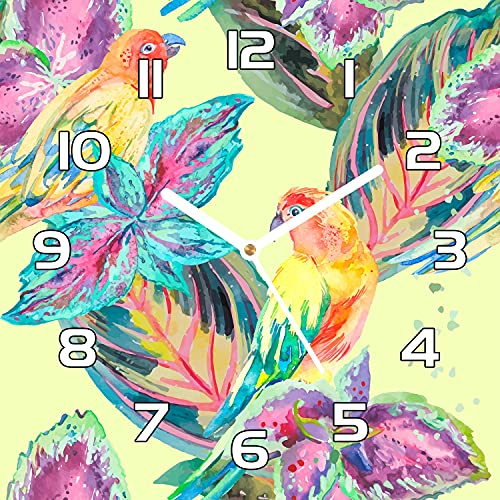 Coloray Glasuhr Wandkunst 30x30 cm Echtglas Gehärtetem Glas - Weiße hände - Wanduhr Küche Wohnzimmer - Papageien exotisch