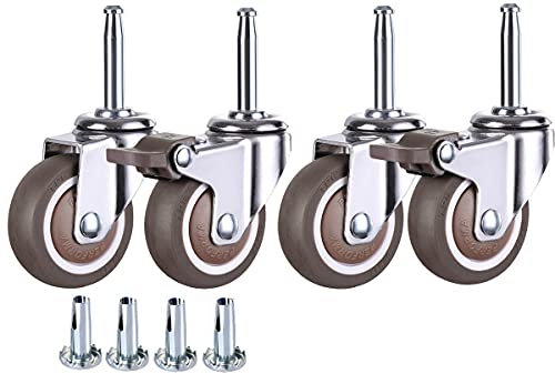 NERILEE 5,1 cm Gummi-Lenkrollen, Set mit 4 (2 mit Bremsen und 2 ohne) mit 8 x 38 mm Schaftnüssen, für Möbel, Kinderwagen, Esszimmer, Auto
