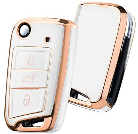 OATSBASF Autoschlüssel Hülle & Schlüsselbox Cover für VW Golf 7/Polo/Tiguan MK7/Skoda - Premium TPU-Schutz, scratchfest, flexibel & elegant (Goldener Rand-Weiß)