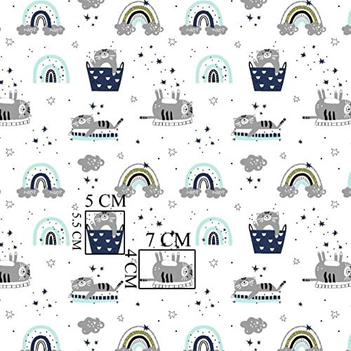 Pingianer 11,99€/m Katze 100% Baumwolle Baumwollstoff Kinder Meterware Handwerken Nähen Stoff (Katze Regenbogen Weiß Blau, 200x160cm (11,99€/m))