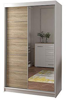 mb-moebel Armoire de Chambre avec 2 Portes coulissantes et Miroir et Éléments décoratifs en Aluminium l Dressing Garde-Robe Penderie (Tringle) avec étagères (61x120x200): NOAH05 (Blanc+Sonoma)