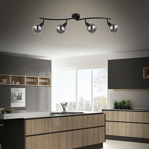 Trango 4-flg. Deckenleuchte 1010-45SD in Schwarz-Optik *WOW* inkl. 4x 3-Stufen dimmbar LED-Leuchtmittel 3000K warmweiß Deckenlampe mit Design rauchigen Glasschirmen, Wohnzimmer Deckenstrahler, Spots