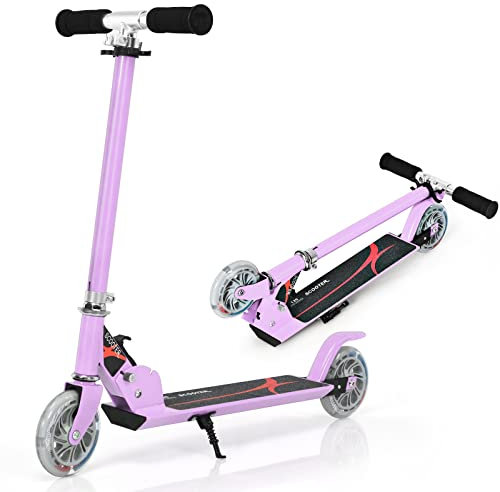 GYMAX Faltbare Kinderscooter, Kinder Roller mit LED leuchtenden Räder, Tretroller 3 höhenverstellbar bis 70kg belastbar, Kickscooter für Jungen & Mädchen ab 4 Jahre (Violett)
