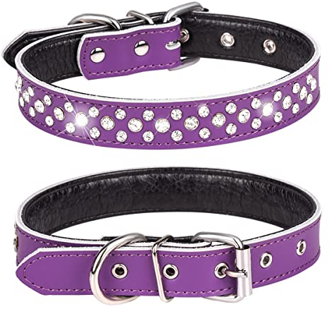 Haoyueer Hundehalsband mit Strasssteinen, verstellbar, glitzernde Kristallnieten, echtes Leder, Haustier-Hundehalsband für kleine und mittelgroße Hunde (M, Violett)
