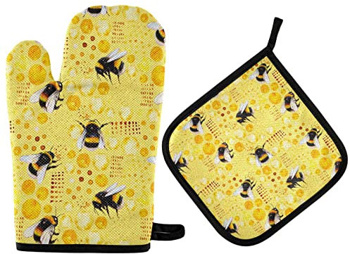 Oven Mitts and Potholder Set Bee Yellow Honeycomb Oven Mitts Heat Resistant Kitchen Counter Safe Mats Oven Gloves Non-Slip Grip for Microwave BBQ Cooking Baking Grilling