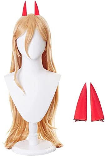 Power Orange Cosplay Wig for Chainsaw Man, Long Straight Women Anime Cosplay Wig with Two Horns-39Inch, Good Gift for Halloween Party, Nightlife, Anime Fans,Orange