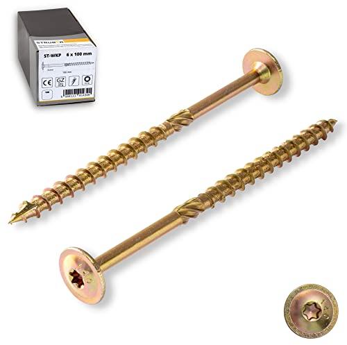 STRÜBER Vis à bois de charpente à tête plate à empreinte TX pour constructions en bois (6x60 mm / 100 pièces / TX30) - Vis de construction de toit - Vis à chevrons jaunes - Bit Torx inclus