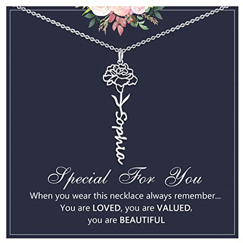 Name Necklace Personalised Gifts For Women - Customised Women's Birth Month Flower Birthstone Pendant Jewellery Custom Name Necklaces For Mother's Day Christmas Birthday Gifts for Girls Sisters