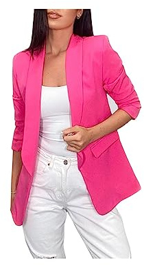 FAIRY BOUTIQUE Womens Plain Open Front Frill Ruffle Duster Coat Ladies 3/4 Sleeve Pockets Jacket Blazer Hot Pink