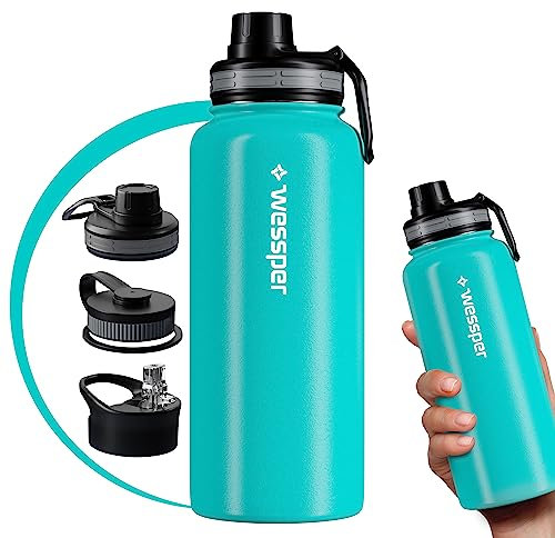 Wessper Edelstahl Trinkflasche 1L, BPA-Frei Wasserflasche mit 3 Deckel für Wasser, Kaffee und Tee, Auslaufsicher Thermoflasche für Sport, Gym, Wandern, Fahrrad, Büro - Marine