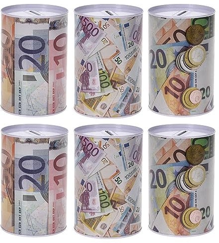 6er Set Spardose im Euro-Design Ø 9,5cm Metall Blech Dose Sparbüchse Gelddose Metallspardosen Geldspardose