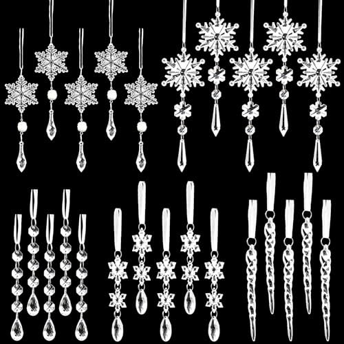 Weihnachtsbaumschmuck, Kristall-Ornamente, Acryl-Eiszapfen, hängende Kristall-Schneeflocken-Ornamente, Set für Weihnachtsfeier-Dekorationen (25 Stück Weihnachts-Kristallschmuck)