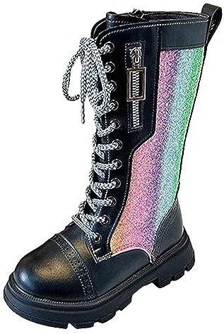 rismart Ginocchio Altezza Stivali Ragazze Shiny Laterale Zip Allacciati Alti Stivali da equitazione Nero, 34 EU