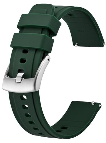 BISONSTRAP Flexibles Uhrenarmband 20mm Silikon, Uhrenarmbänder für Herren und Damen, Schnellverschluss Ersatzbänder Armband, Dunkelgrün mit Silberner Schnalle