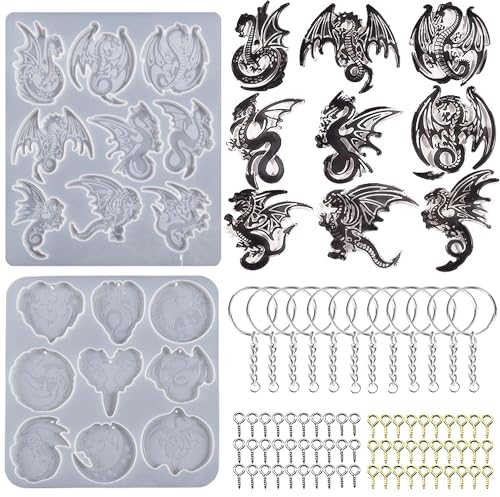 Attuslla Lot de 2 Moule en Résine pour Porte-clés en Forme d'animal, Moule en Silicone pour Dragon, DIY Époxy Porte-clés Moule Bijoux Pendentif Moule de Coulée pour DIY Ornements