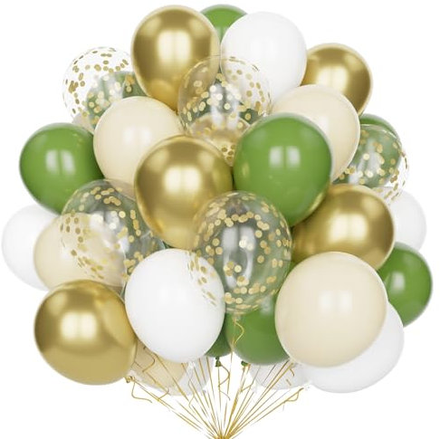 Ballons Vert Sauge et Blanc, 60 Pcs 12 Pouces - Métallisé Doré avec Confettis Dorés - Ballons Latex pour Anniversaire, Mariage, Fête, Baby Shower - Décoration Anniversaire