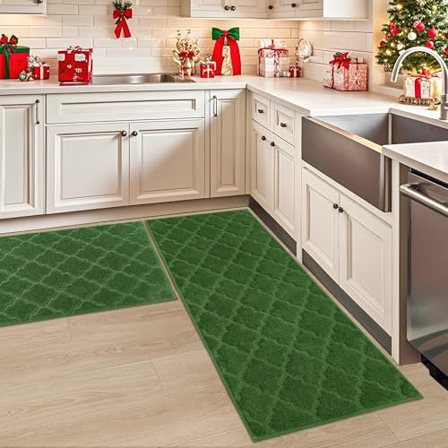 COSY HOMMER 2 Pack Nonslip Kitchen Rug Set, 100% Polyester Absorbent Soft Kitchen Floor Mats Carpet Rug Mat Runners,Machine Washable & Anti-skid TPR Backing, 61x90cm+61x152cm, Green