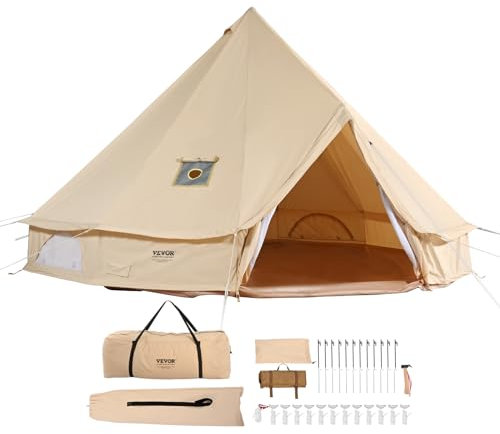 VEVOR Tienda de Campana de Lona de 5m Carpa para Fiestas Familiares Actividades al Aire Libre con Orificio para Estufa de Leña y Bolsas de Almacenamiento Capacidad Aprox. 8 Personas, Barbacoa, Camping