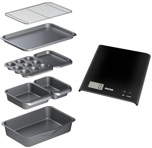 MasterClass Smart Space Stacking Non-Stick Bakeware Set, 7 Piece Baking Trays, Gift Boxed & Salter 1066 BKDR15 Arc Kitchen Scale – Digital Food Weighing Scales for Precise Cooking/Baking
