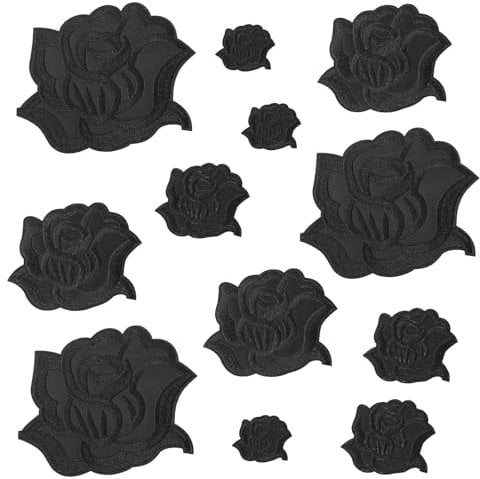 12 Stk Bügelflicken Rose Blume Flicken Zum Aufbügeln Schwarze, Stoff Kleidung Patches Bestickt Nähen Auf Blume Patches, Applikationen Verzierungen Für Jacke Jeans Pullover Hüte Schuhe Taschen (4Größe)