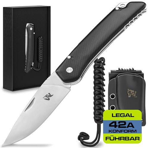 Wolfgangs CULTRO Zweihandmesser Klappmesser aus feinstem D2 Stahl und Ebenholz-Griff - Legale mitführbares Taschenmesser Klappmesser - Outdoor Survival Messer - Klappmesser Outdoor + Leder Holster