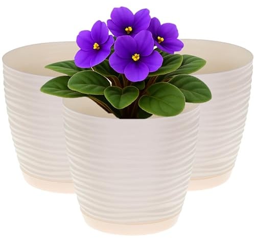 Home Garden Ornaments Blumentopf Übertopf Set 3er Kunststoff Ø 15 cm Creme – Pflanztöpfe mit Drainagelöchern & integriertem Untersetzer, Wellenstruktur, für Innen & Außen
