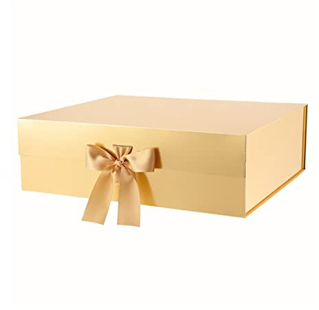 PKGMAGIC Extra große Geschenkbox, 43,2 x 36,8 x 14 cm, Geschenkbox mit Band, große leere Geschenkbox mit Deckel, Geschenkbox für Kleidung und große Geschenke (Gold glänzend)