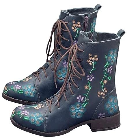 Stivaletti da donna da cowboy western, moderni ricamati in stile occidentale, alla caviglia, altezza al polpaccio, punta quadrata, stivali da cowboy con tacco quadrato, K 251 Blu, 38 EU