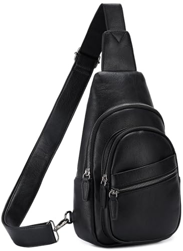 RAVUO Sling Bag Damen, PU Leder Brusttasche Rucksack Klein Frauen Brust Rucksack Kleine Umhängetasche Crossbody Bag für Outdoorsport Reise Schwarz