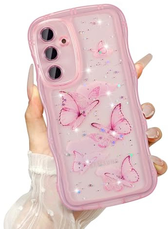 UEEBAI Hülle für Samsung Galaxy S21 5G, Durchscheinend Liquid Silikon Handyhülle mit Schmetterlingsmuster, Wellen Rahmenform Dünne Stoßfeste Schutzhülle Slim Fit Weiche Bumper Cover Case, Rosa