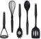 Nylon Kitchen Utensils Set of 5- Space Saving Kitchen Accessories Include Whisk Pasta Spoon Potato Masher Spoon Slotted Spatula Easy to Grip Nonstick Cooking Utensils Heat Resistant (Black)