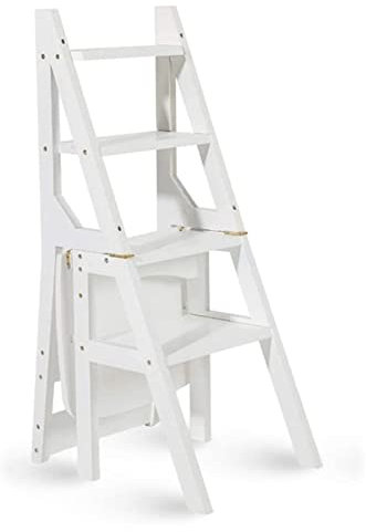 4 Steps Folding Ladder and Chair Combination, Wood Foldable Ladder Chair Fold Up Library Steps Ladder Chair Kitchen Office Use, White