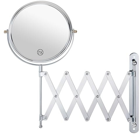 Welllink 8 Inch XL Extendable Mirror 7X and 1X Chrome | Space-Saving Screw Mount, Clear Reflection No Distortion, for Bathroom and Cloakroom, Home Gift