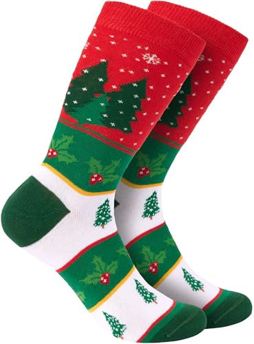 BRUBAKER 6 Paar Weihnachtssocken für Damen und Herren - Weihnachtsbaum Muster Rot/Grün - Baumwolle Socken Weihnachten - Größe 41-45