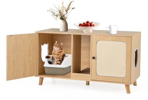 COSTWAY Meuble Litiere Chat en Bois, Cache Litiere Chats 3 en 1, 2 Portes avec Tapis à Griffer Amovible, Planche à Griffer, 2 Trous Latéraux, Maison de Toilette Chat,108 x 50 x 60 cm (Natruel)
