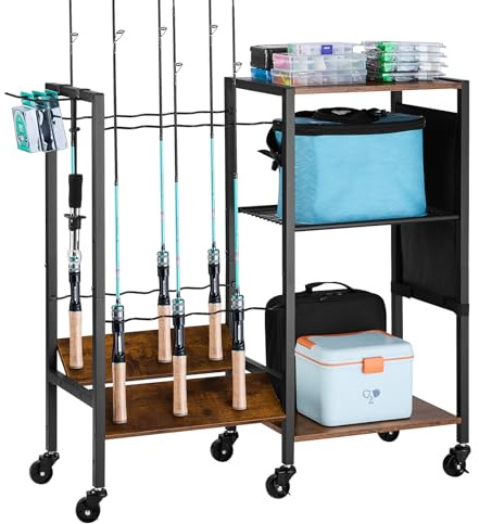 VEVOR Angelrutenhalter für 12 Angelruten, rollbare Rutenständer aus legierter Stahl + MDF für die Organisation und Lagerung, platzsparende Bodenständer Angelausrüstung Geschenke für Angelfreunde