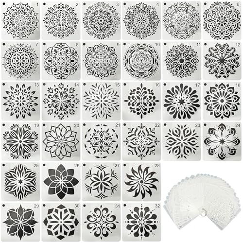 32 Stück Mandala Malschablonen, Mandala Schablonen Set | Wiederverwendbare Malerei Vorlage Zubehör, Mit 2 Karabinern für Malen auf Holz Stoffen Boden Möbeln