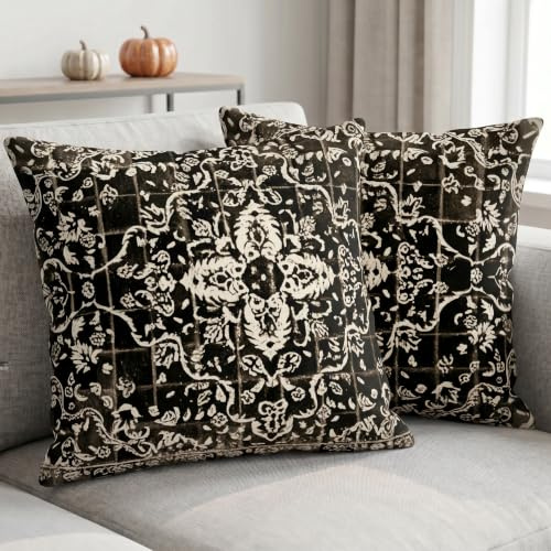 JANGYUHH Boho Kissenbezug 40x40 cm 2er Set Vintage Kissenbezüge Schwarz Exotisch Sofakissen Samt Kissenhülle Abstrakt Dekorative Kissen für Garten Sofa Studie Wohnzimmer Bett