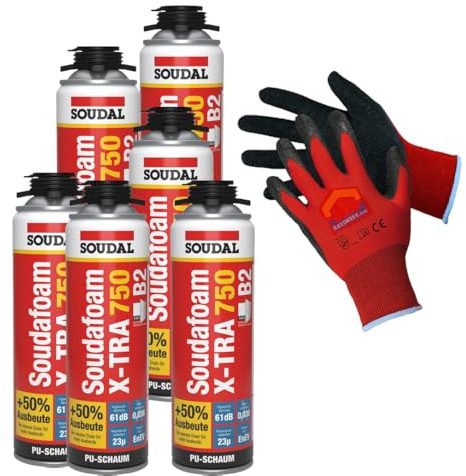 SET 6 x SOUDAL Soudafoam X-Tra 750 B2 Pistolenschaum 500 ml + Arbeitshandschuh von Hauswerk.shop
