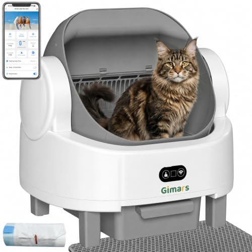 Gimars Open Top Design Self Cleaning Litter Box, Automatic Cat Litter Box for Multiple Cats & Senior Cats, App Control with Safety Sensors, Low Odor, Includes Trash Bags & Litter Mat, White with Gray