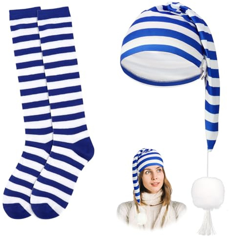 Schlafmütze Kostüm Karneval Ringelsocken Blau Weiß Satz Zipfelmütze Kniestrümpfe Ringelstrümpfe Schlafmütze Mit Bommel Nachthaube Für Schlafwandler Kostüm Party Fasching JGA