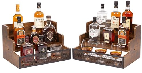 3 Tier Countertop Liquor Bottle Display Shelf 2 Pack, Rustic Wood Bar Shelves for 12 Bottles, Freestanding Storage Racks with Side Fences, Wooden Display Stand for Liquor, Whiskey, Wine & Coffee Syrup