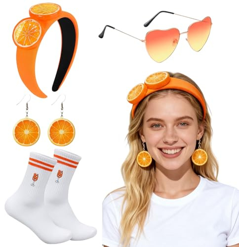 4 Stück Aperol Kostüm Damen, Aperol Spritz Kostüm für Karneval & Fasching, Inklusive Haarreif Sonnenbrille Socken Orange Ohrringe Perfekt als Aperol Geschenke für Frau Karneval Orange Partys(A)