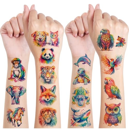 Tiere Temporäre Tattoos, 12 Blätter Wasserfarben Tier für Mädchen Junge Körper Arm Schulter, Tiere Geburtstag Deko Party, Mitgebsel Kindergeburtstag Junge
