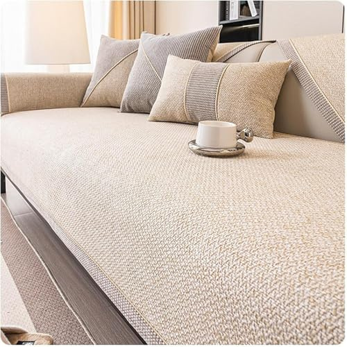 QOEUIUJ Sofa Überzug Vintage Sofabezug Weiche: rutschfest Sofaschoner Gewebte Baumwolle und Leinen 1/2/3/4 Sitzer Couch Überzug Sofaüberwürfe for U Form L Form Sektionssofa(Beige,90x240cm)
