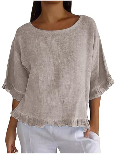 Chemise Lin Manches 3/4 Femme Chemisette Décontracté Chemises Leger Vêtements Fin Cut Vetement Ete Habit Élégante Haut Chic Chemisiers et Blouses Respirant Chemisier