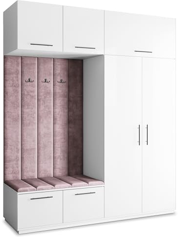 Masseno Flugarderoben Set Rema, Kleiderschrank-Set mit Sitzbank, Garderobenschrank Flur mit 5 Regalböden, Weiß