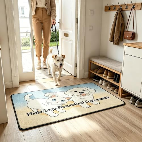 Calore Personalisierte Fußmatte mit Foto selbst gestalten für Familie Hund Katze Personalisiertes Geschenke zum Einzug Geburtstag Fussmatte Willkommen rutschfest Waschbar 60x120cm